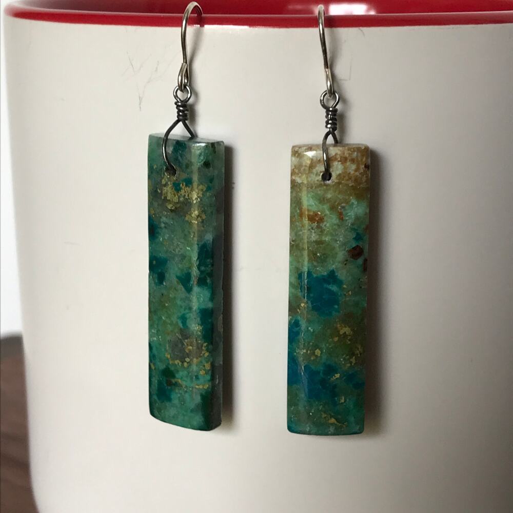 Artisan semiprecious Chrysocolla rectangle dangle / drop earrings - Picture 8 of 8